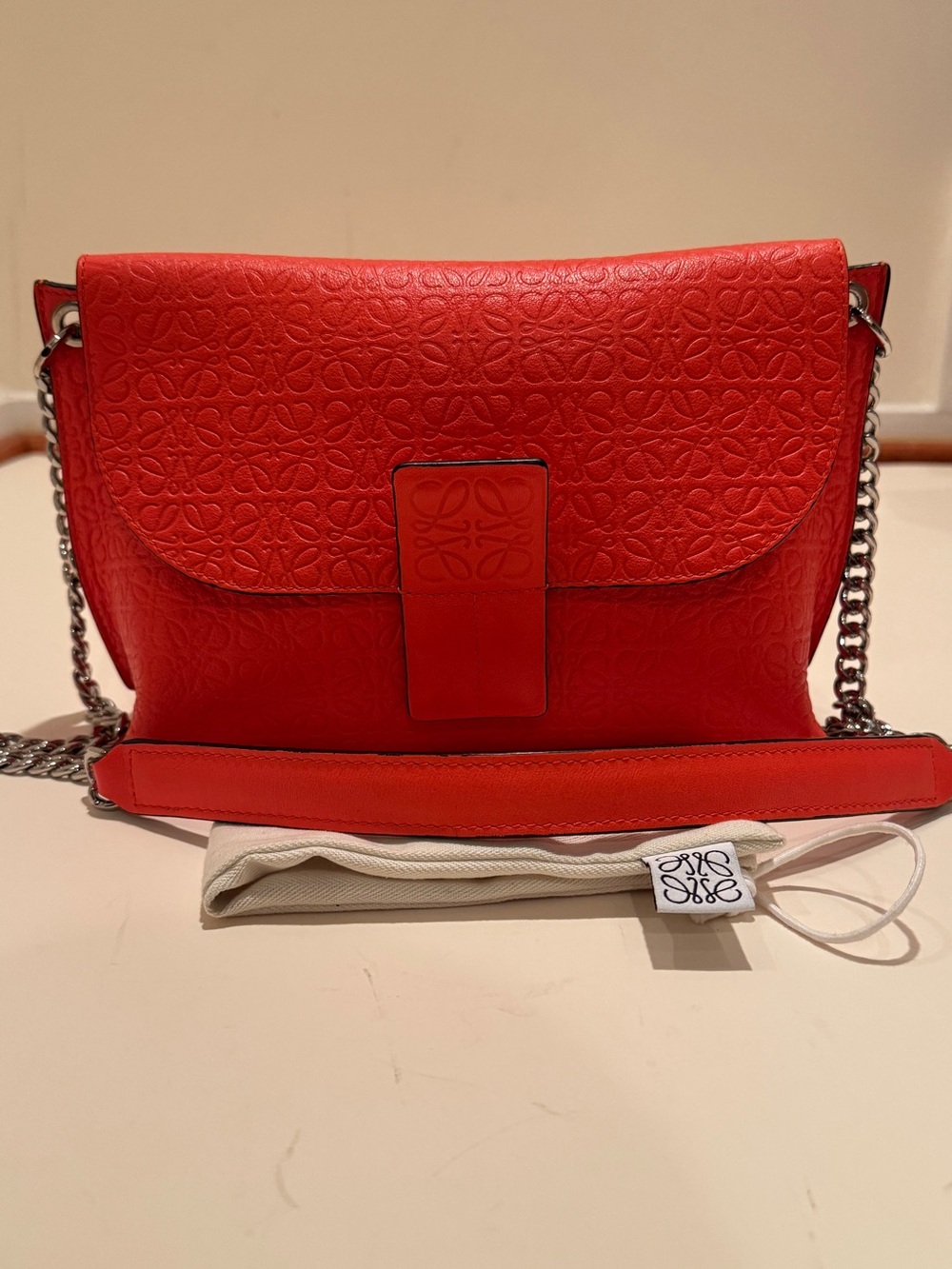 Loewe Avenue Repeat Anagram Embossed Leather Crossbody Bag - Coral/Orange